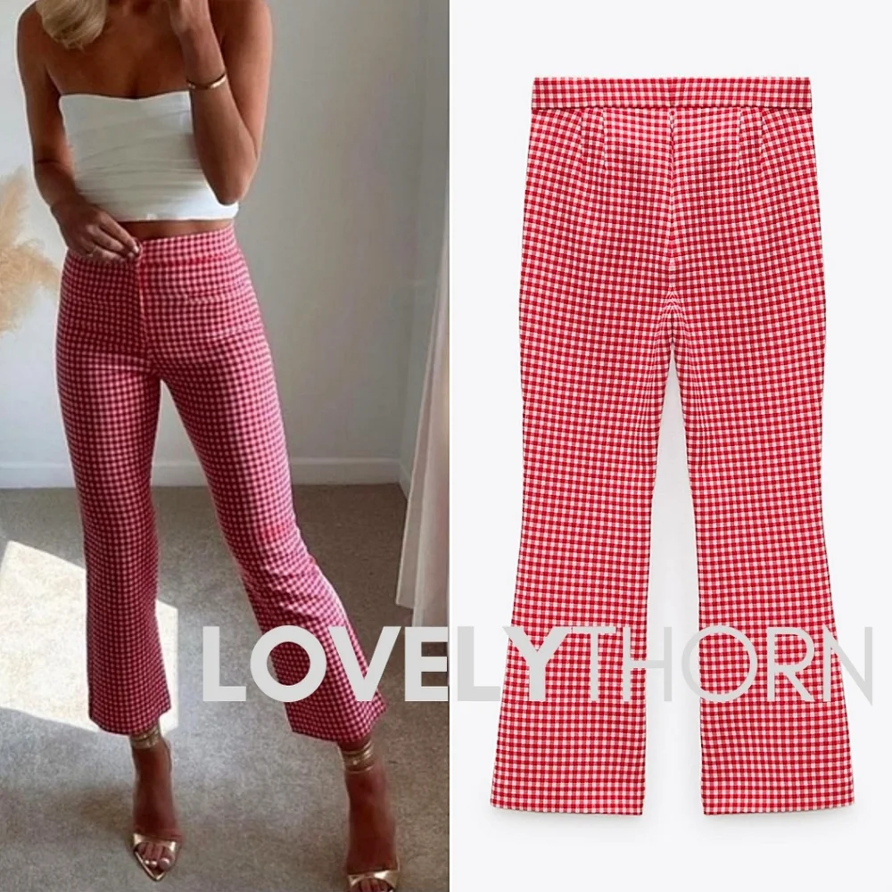 ZARA // red & white textured gingam hi waist crop mini flare pants - Picture 3 of 14